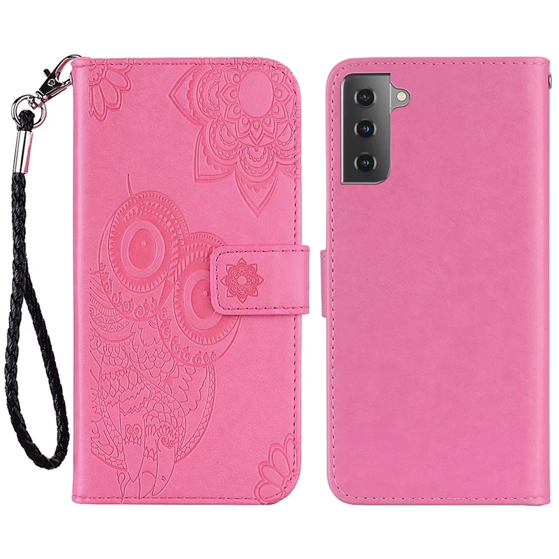 Owl Flower Pattern Imprinted PU Leather Wallet Stand All-Inclusive Protective Case with Strap for Samsung Galaxy S22 5G - Rose