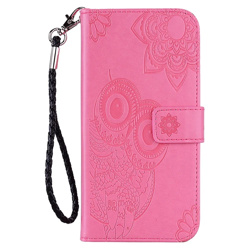 Owl Flower Pattern Imprinted PU Leather Wallet Stand All-Inclusive Protective Case with Strap for Samsung Galaxy S22 5G - Rose