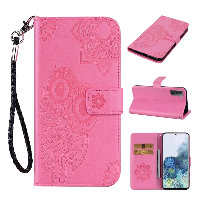 Owl Flower Pattern Imprinted PU Leather Wallet Stand All-Inclusive Protective Case with Strap for Samsung Galaxy S22 5G - Rose