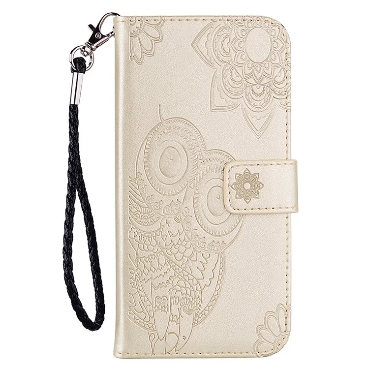 Flip Phone Case Stylish Imprinted Owl Flower Pattern Leather Wallet Shell for Samsung Galaxy S22 Ultra 5G - Gold