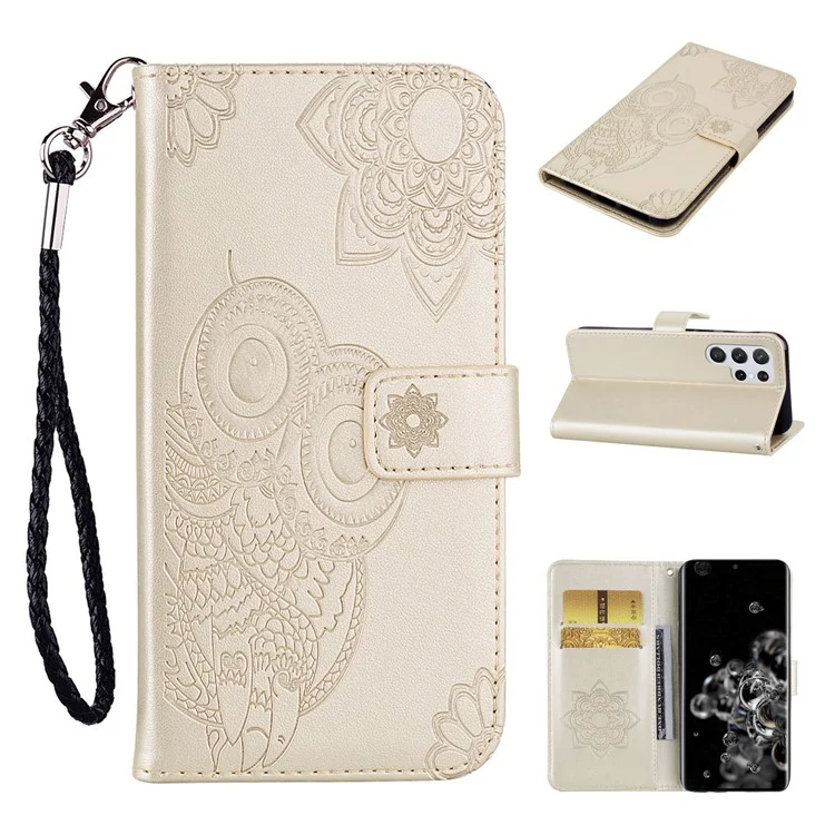 Flip Phone Case Stylish Imprinted Owl Flower Pattern Leather Wallet Shell for Samsung Galaxy S22 Ultra 5G - Gold