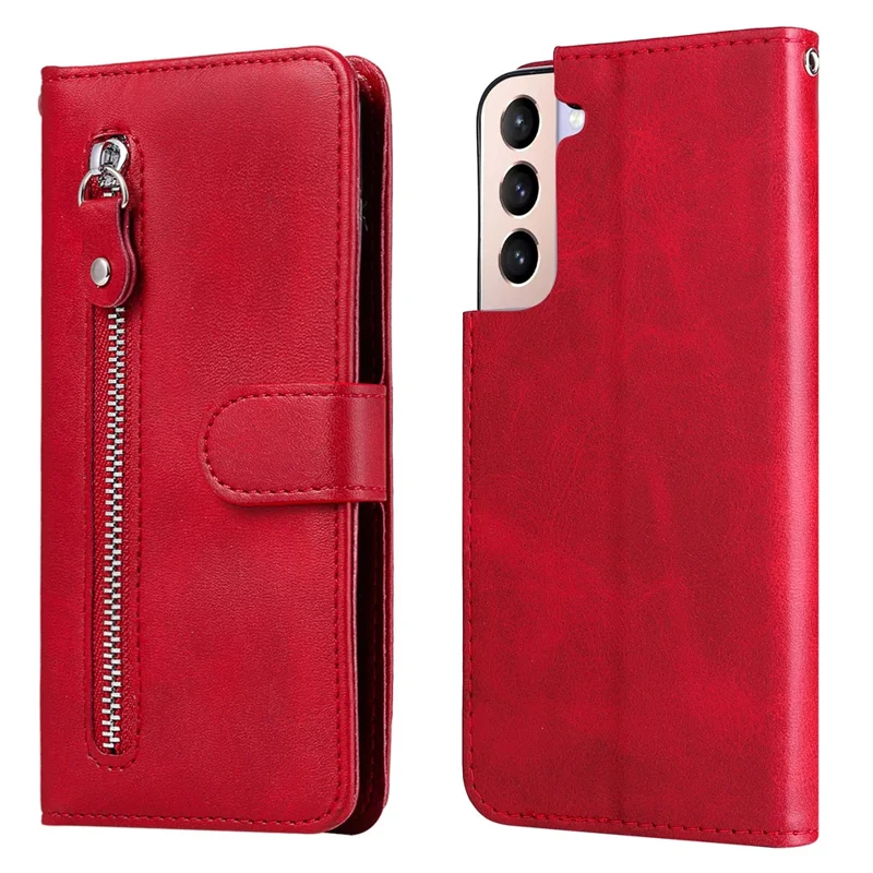 PU Leather Flip Case Zipper Pocket Design Wallet Phone Covering Shell for Samsung Galaxy S22+ 5G - Red