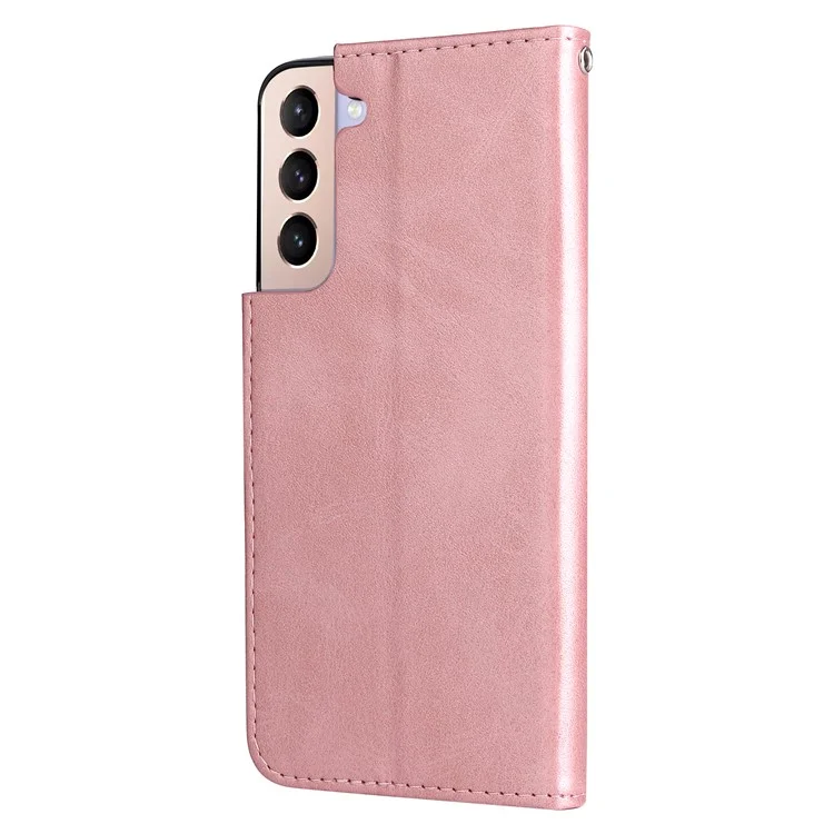 PU Кожаный Телефон Корпус на Молнии Кармана Дизайн Фолио Flip Stand Case Для Samsung Galaxy S22 5G - Розовое Золото