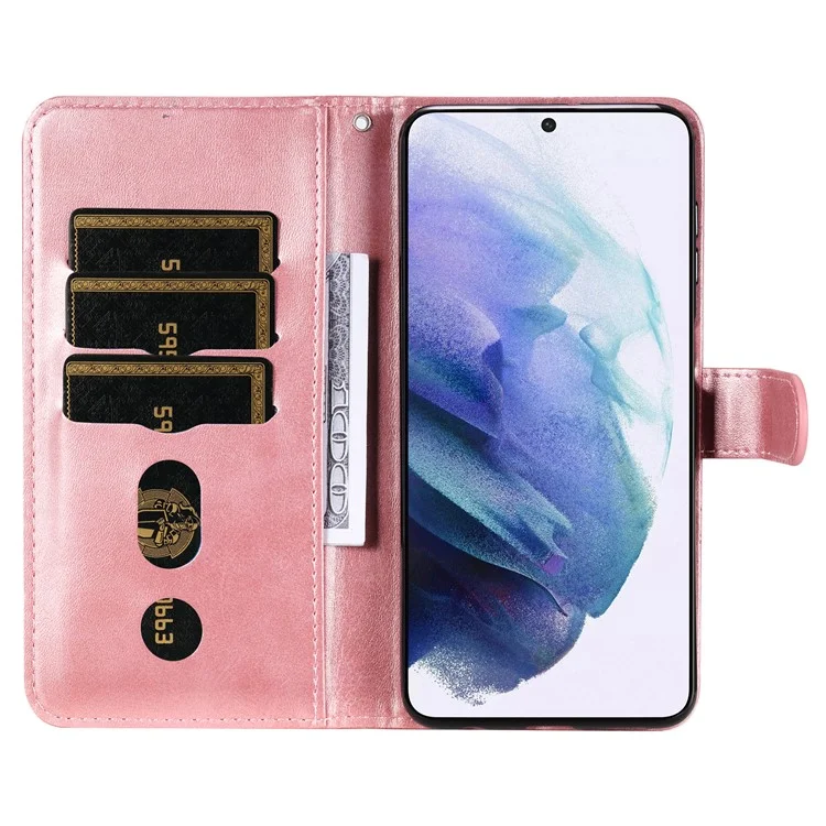 PU Кожаный Телефон Корпус на Молнии Кармана Дизайн Фолио Flip Stand Case Для Samsung Galaxy S22 5G - Розовое Золото