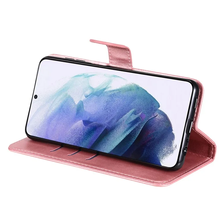 PU Кожаный Телефон Корпус на Молнии Кармана Дизайн Фолио Flip Stand Case Для Samsung Galaxy S22 5G - Розовое Золото