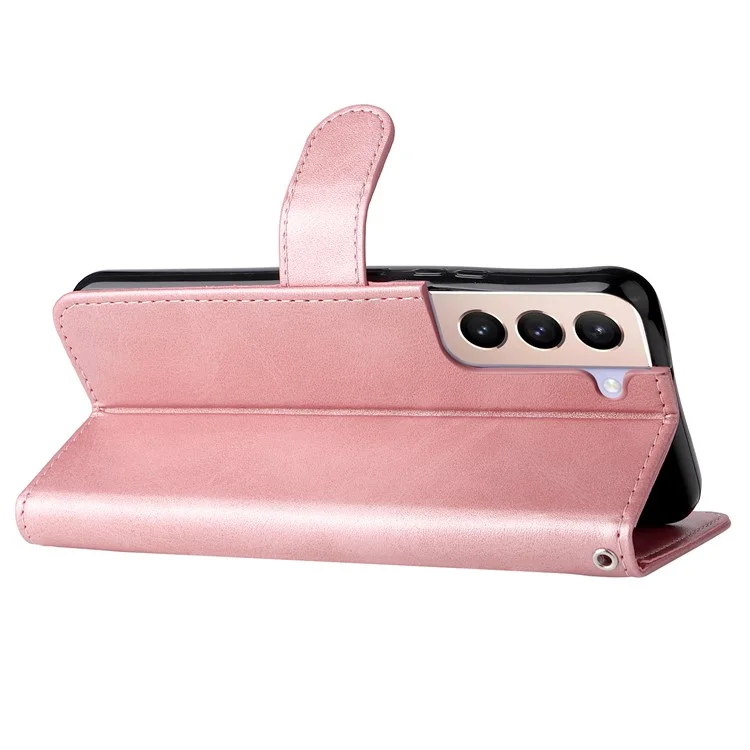 PU Кожаный Телефон Корпус на Молнии Кармана Дизайн Фолио Flip Stand Case Для Samsung Galaxy S22 5G - Розовое Золото