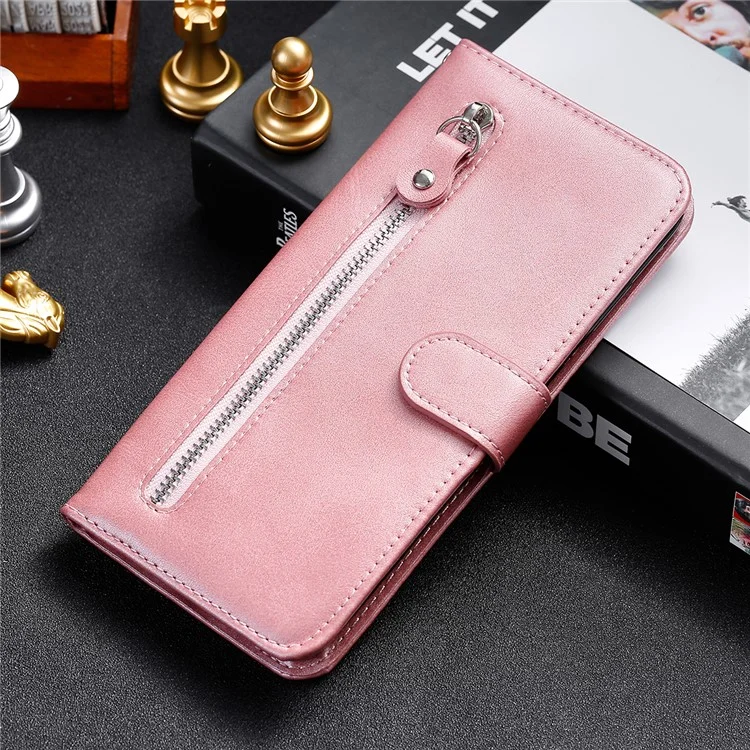 Folio Flip PU Leather Phone Case Zipper Pocket Design Wallet Plain Color Stand Case for Samsung Galaxy A13 5G / A04s 4G (164.7 x 76.7 x 9.1 mm) - Rose Gold