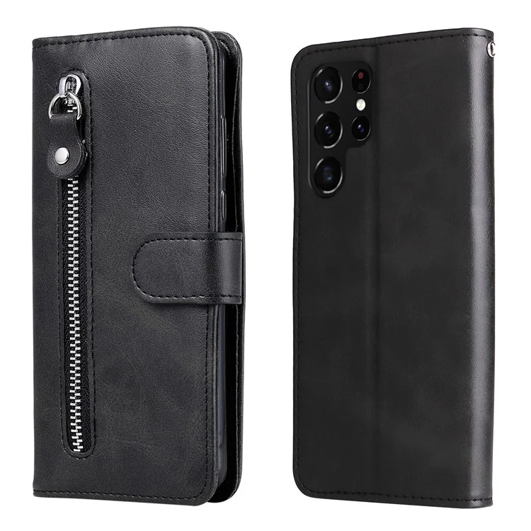 pu Leather Flip Case de Poche à Glissière Pocket Design Portefeuille Étui Anti-Drop Pour Samsung Galaxy S22 Ultra 5G - le Noir