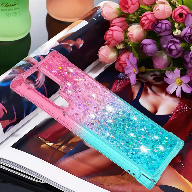 Gradient Quicksand Series Liquid Flowing Sparkle Scratch-resistant Soft TPU Phone Cover for Samsung Galaxy S22 Ultra 5G - Pink/Sky Blue