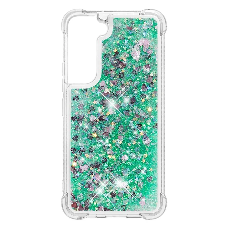 Мягкая TPU Clear Cover Moving Quicksand Blitter Simply Phone Case Для Samsung Galaxy S22+ 5G - Зеленые Сердца