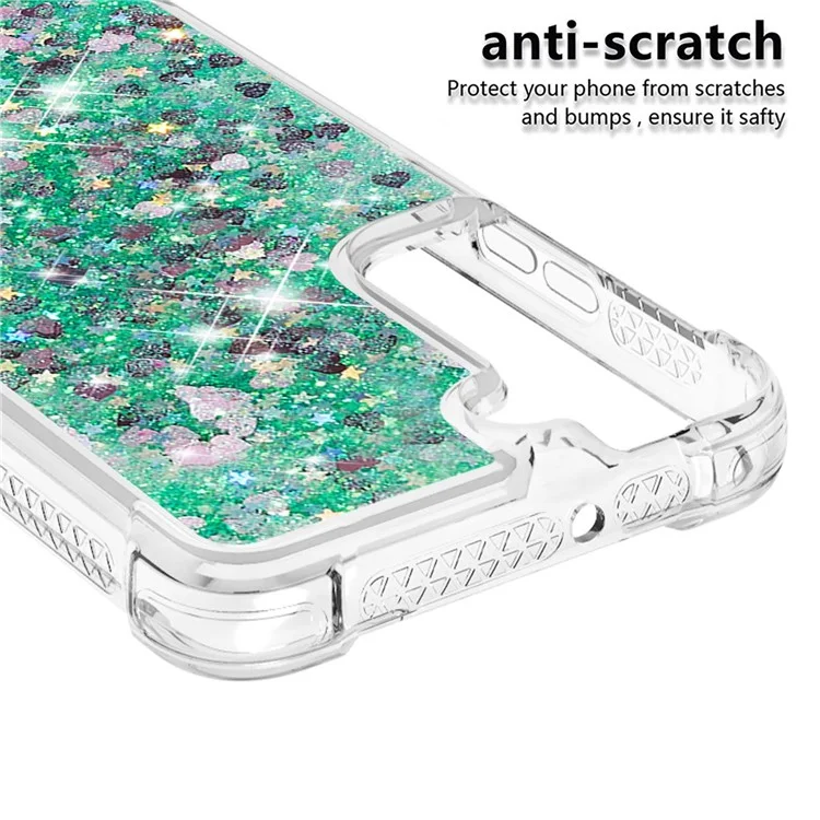 Мягкая TPU Clear Cover Moving Quicksand Blitter Simply Phone Case Для Samsung Galaxy S22+ 5G - Зеленые Сердца
