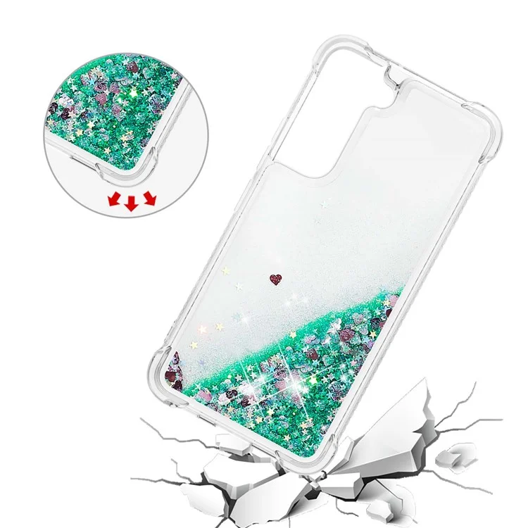 Мягкая TPU Clear Cover Moving Quicksand Blitter Simply Phone Case Для Samsung Galaxy S22+ 5G - Зеленые Сердца