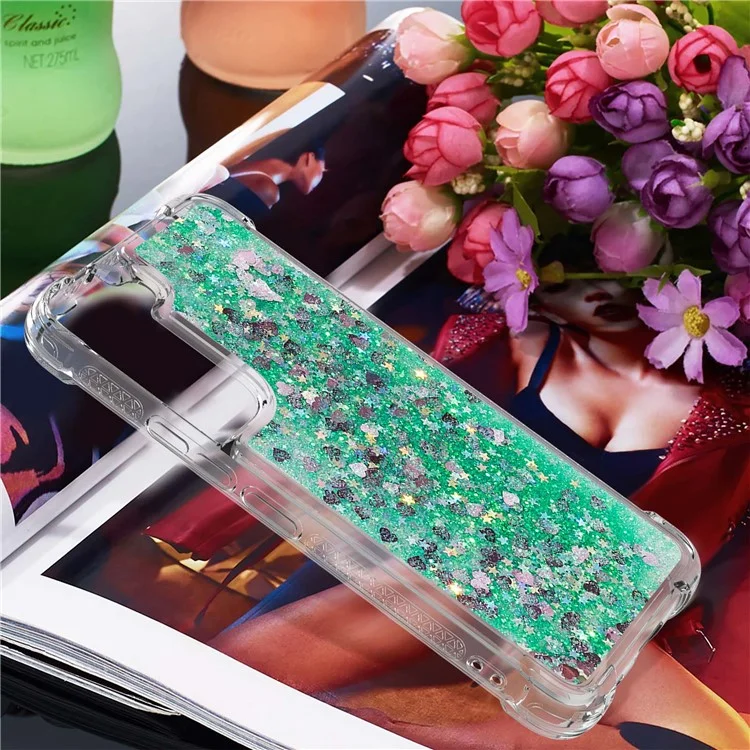 Мягкая TPU Clear Cover Moving Quicksand Blitter Simply Phone Case Для Samsung Galaxy S22+ 5G - Зеленые Сердца