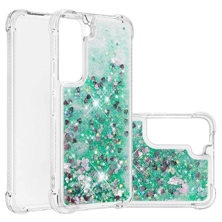 Мягкая TPU Clear Cover Moving Quicksand Blitter Simply Phone Case Для Samsung Galaxy S22+ 5G - Зеленые Сердца