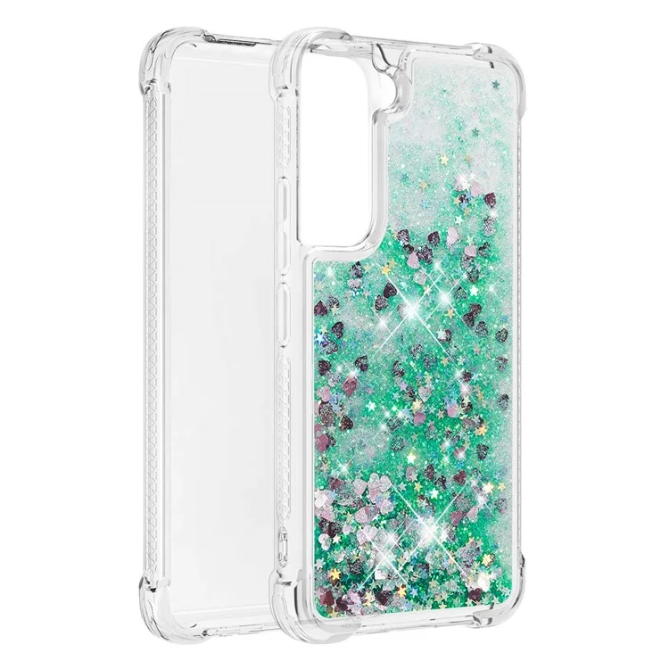 Мягкая TPU Clear Cover Moving Quicksand Blitter Simply Phone Case Для Samsung Galaxy S22+ 5G - Зеленые Сердца