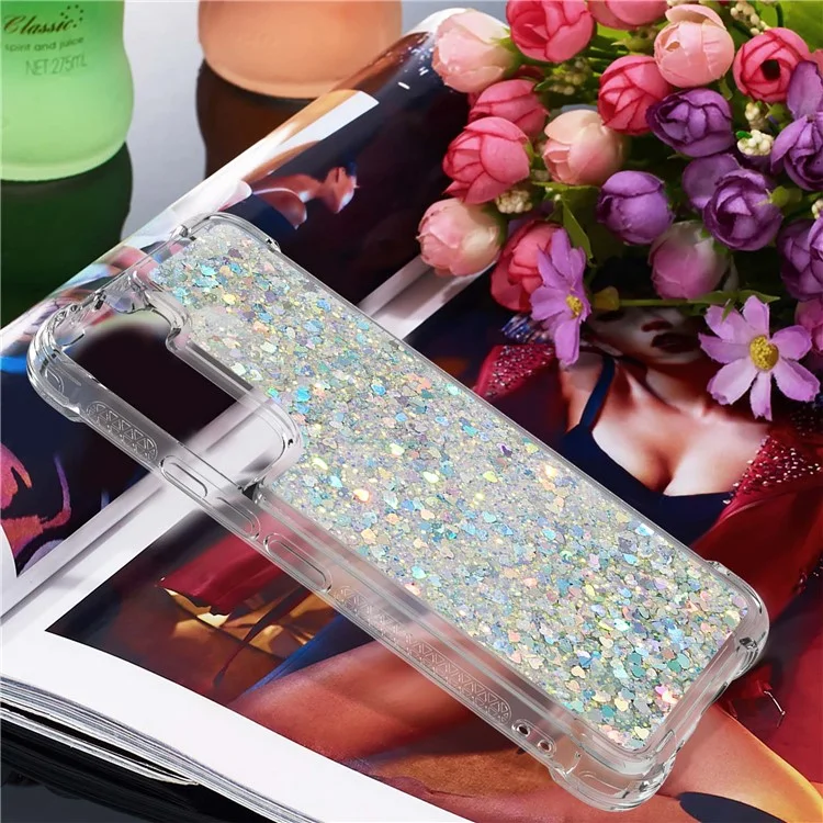 Custodia morbida in TPU chiara con glitter mobili e cuori d'argento per Samsung Galaxy S22+ 5G