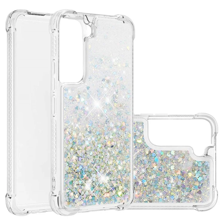 Custodia morbida in TPU chiara con glitter mobili e cuori d'argento per Samsung Galaxy S22+ 5G