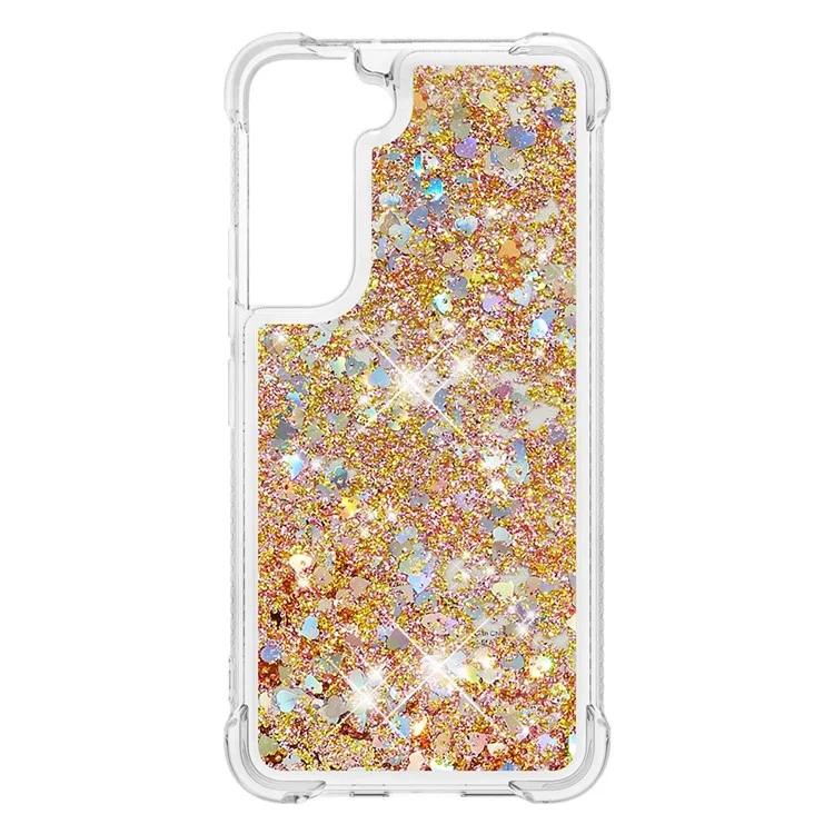 Weiche TPU-Klar-Cover-Bewegungsquicksand-Glitzer-Niedliche Handyhülle für Samsung Galaxy S22+ 5G - Goldene Herzen