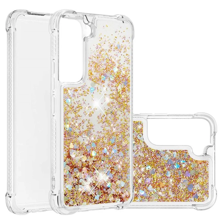 Weiche TPU-Klar-Cover-Bewegungsquicksand-Glitzer-Niedliche Handyhülle für Samsung Galaxy S22+ 5G - Goldene Herzen