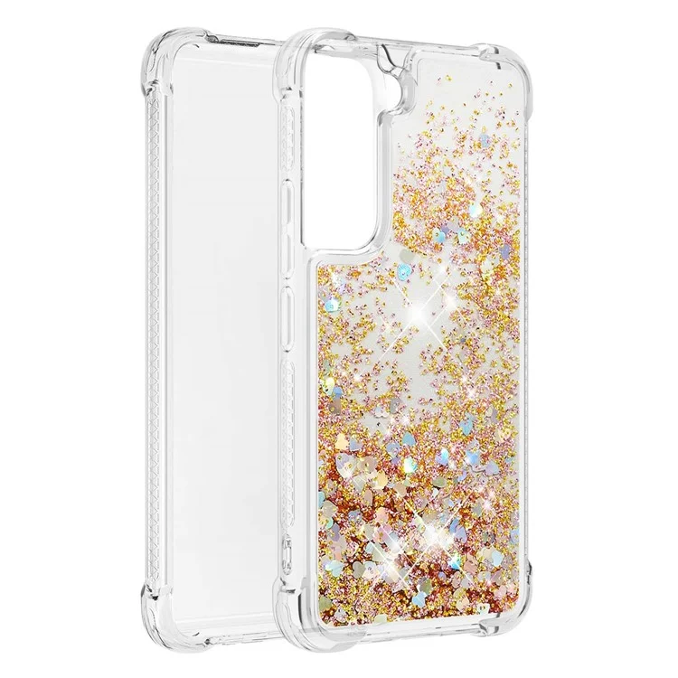 Weiche TPU-Klar-Cover-Bewegungsquicksand-Glitzer-Niedliche Handyhülle für Samsung Galaxy S22+ 5G - Goldene Herzen