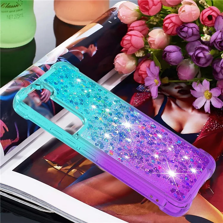 Gradient Quicksand Series Soft TPU Liquid Floating Protective Phone Case für Samsung Galaxy S22 5G - Himmelblau/Lila