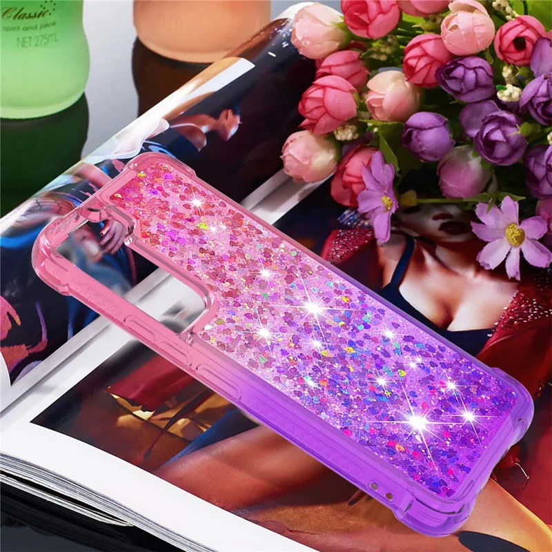 Gradient Quicksand Series Soft TPU Liquid Floating Protective Phone Case for Samsung Galaxy S22 5G - Pink/Purple
