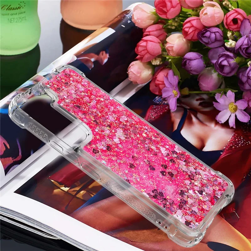 Moving Quicksand Glitter Cover TPU Cute Clear Phone Case for Samsung Galaxy S22 5G - Pink Hearts