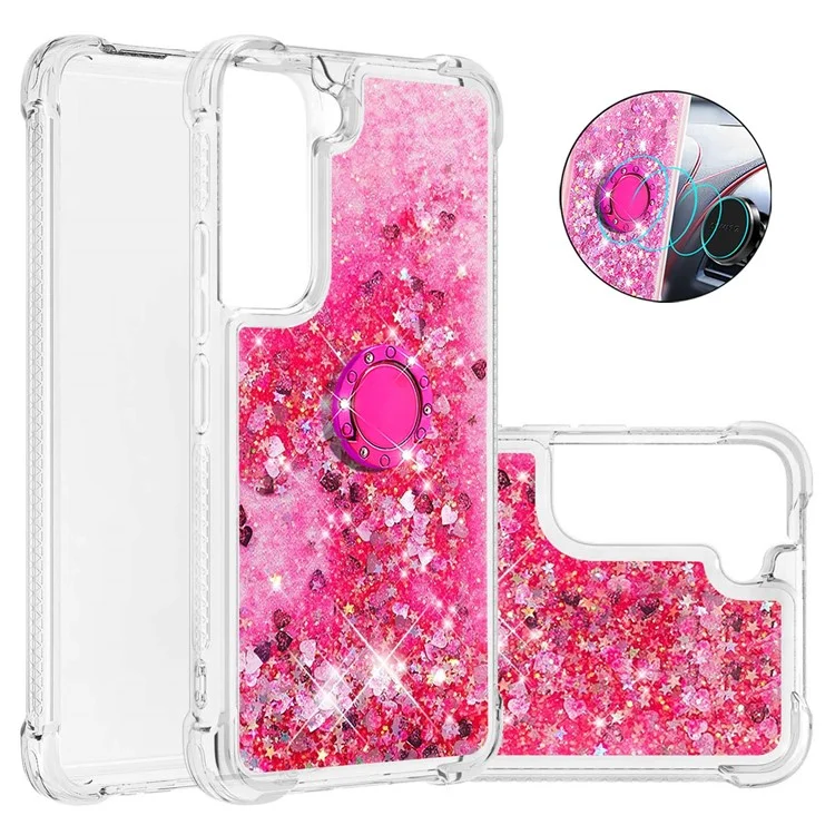 Зубень и Блестящее Блестящее Кафету Кольцо Кик -стрижкой TPU Back Phone Case Для Samsung Galaxy S22 5G - Розовые Сердца