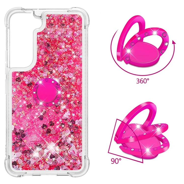 Зубень и Блестящее Блестящее Кафету Кольцо Кик -стрижкой TPU Back Phone Case Для Samsung Galaxy S22 5G - Розовые Сердца