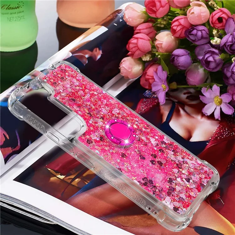 Зубень и Блестящее Блестящее Кафету Кольцо Кик -стрижкой TPU Back Phone Case Для Samsung Galaxy S22 5G - Розовые Сердца