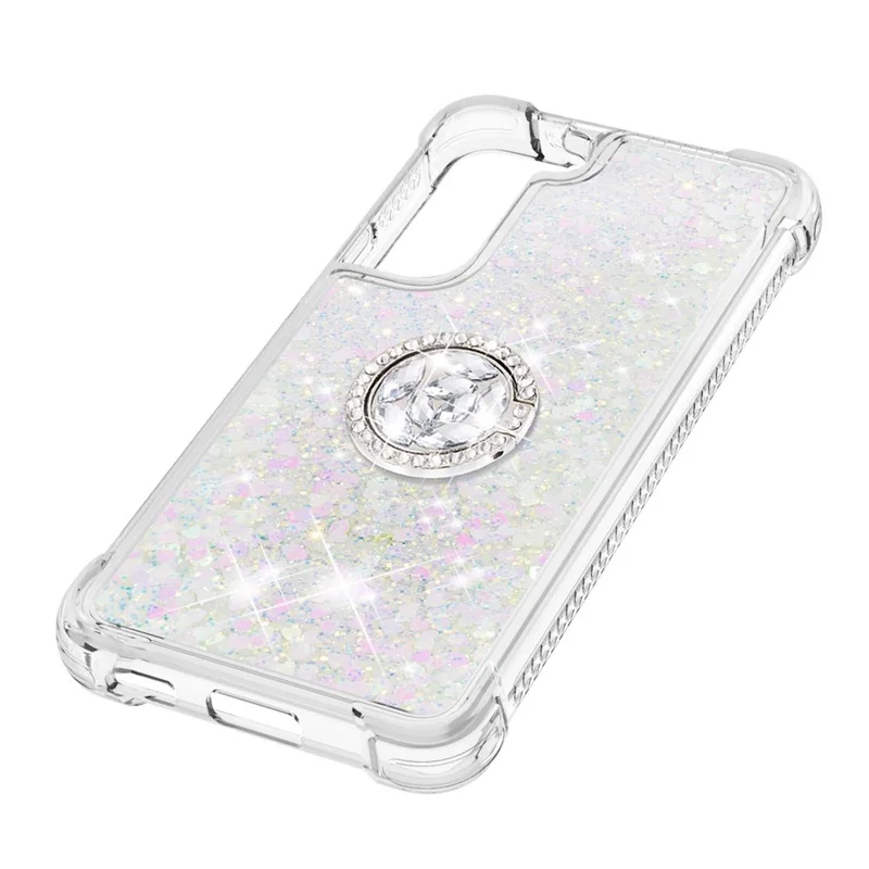 Quicksand Glitter Shiny Rhinestone Ring Kickstand TPU Back Phone Case for Samsung Galaxy S22 5G - Shiny Hearts