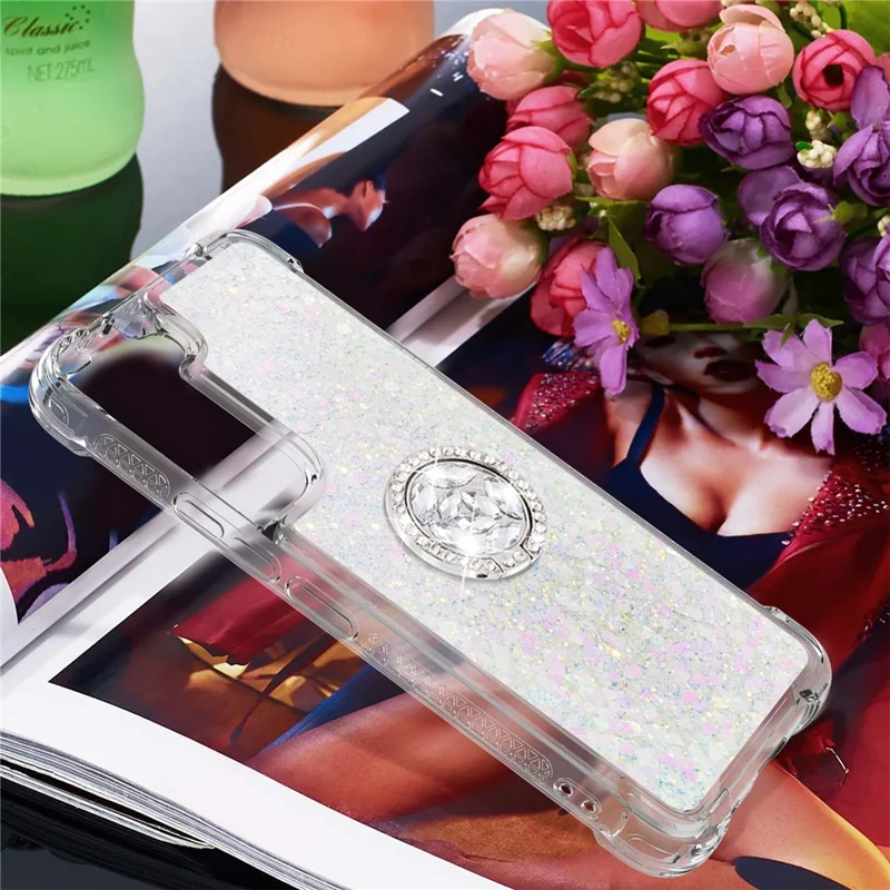 Quicksand Glitter Shiny Rhinestone Ring Kickstand TPU Back Phone Case for Samsung Galaxy S22 5G - Shiny Hearts