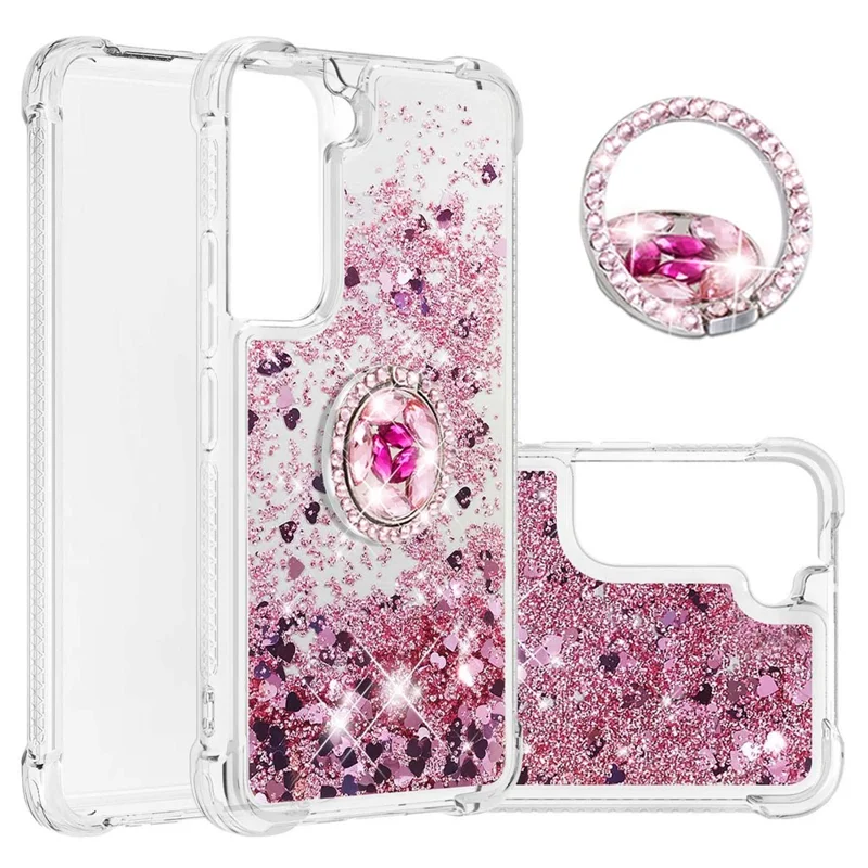 Quicksand Glitter Shiny Rhinestone Ring Kickstand TPU Back Phone Case per Samsung Galaxy S22 5G - Rose Gold Hearts