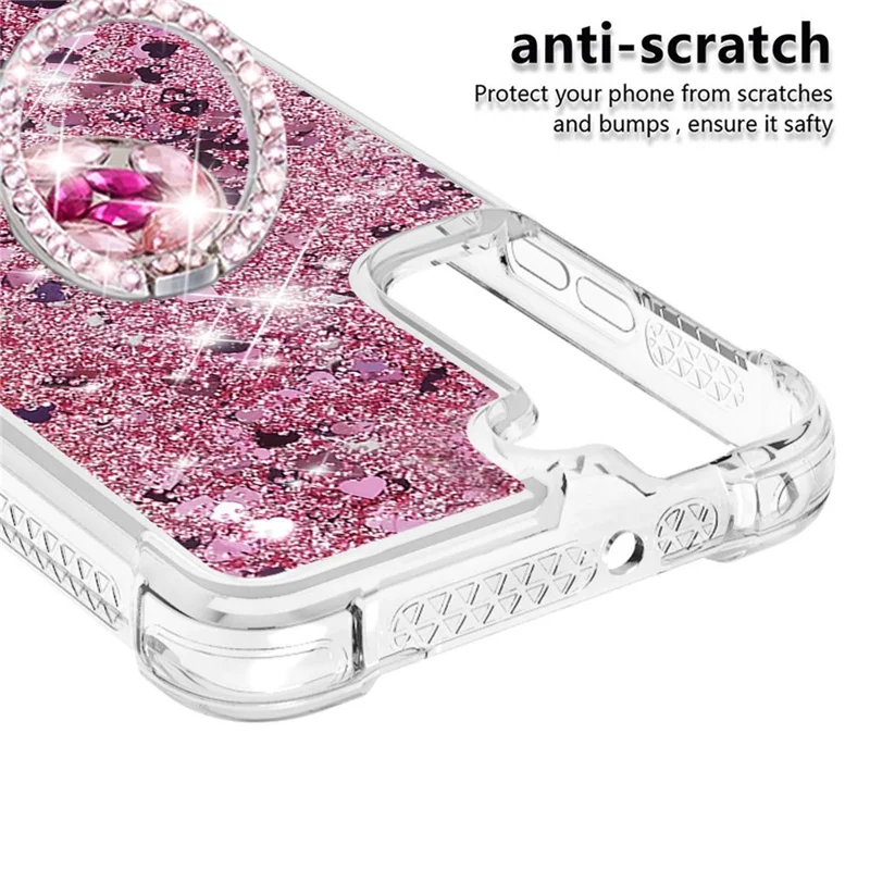 Quicksand Glitter Shiny Rhinestone Ring Kickstand TPU Back Phone Case per Samsung Galaxy S22 5G - Rose Gold Hearts