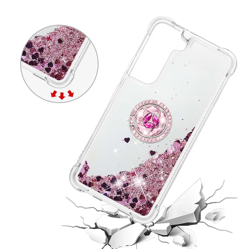 Quicksand Glitter Shiny Rhinestone Ring Kickstand TPU Back Phone Case per Samsung Galaxy S22 5G - Rose Gold Hearts