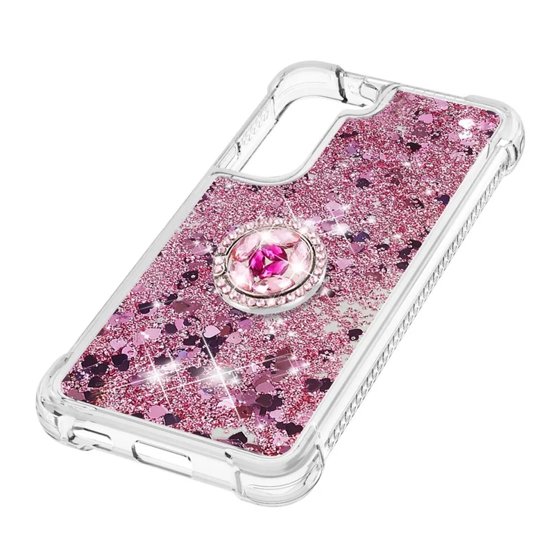 Quicksand Glitter Shiny Rhinestone Ring Kickstand TPU Back Phone Case per Samsung Galaxy S22 5G - Rose Gold Hearts