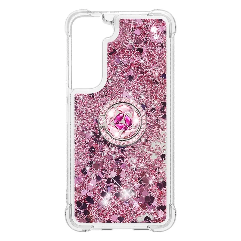 Quicksand Glitter Shiny Rhinestone Ring Kickstand TPU Back Phone Case per Samsung Galaxy S22 5G - Rose Gold Hearts