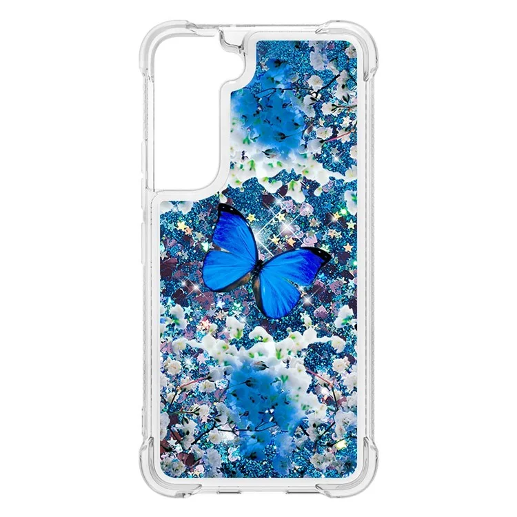 Glitter Quicksand Clear TPU Pattern Printing Protective Phone Case for Samsung Galaxy S22 5G - Blue Butterfly
