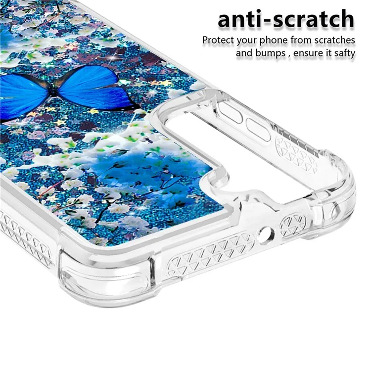 Glitter Quicksand Clear TPU Pattern Printing Protective Phone Case for Samsung Galaxy S22 5G - Blue Butterfly