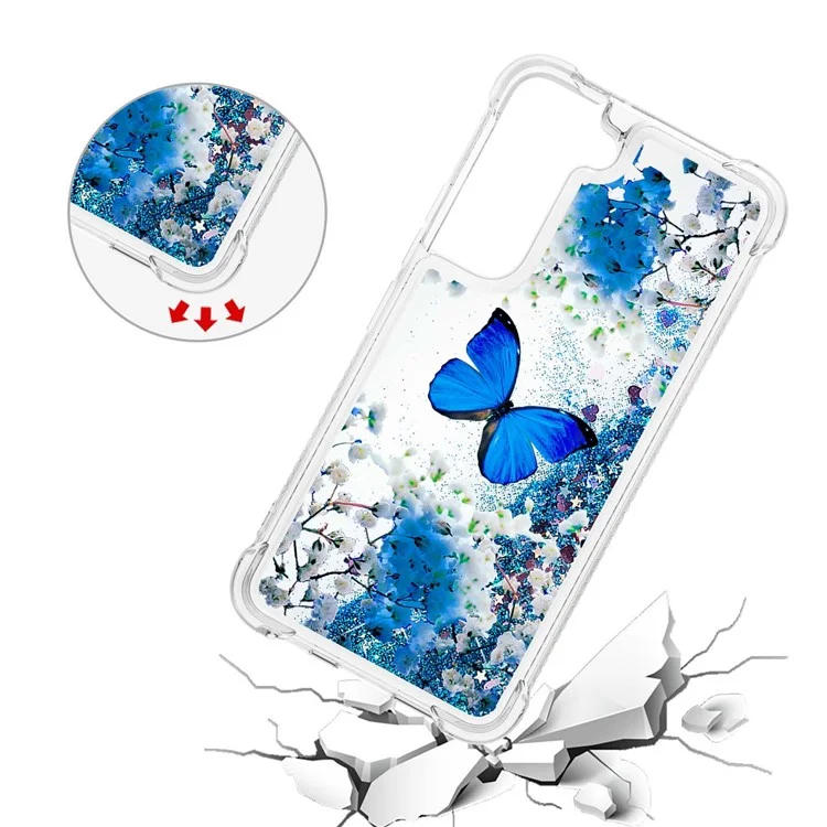 Glitter Quicksand Clear TPU Pattern Printing Protective Phone Case for Samsung Galaxy S22 5G - Blue Butterfly