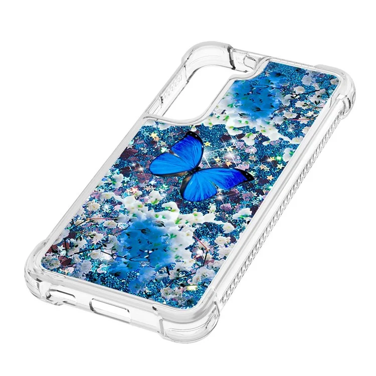 Glitter Quicksand Clear TPU Pattern Printing Protective Phone Case for Samsung Galaxy S22 5G - Blue Butterfly