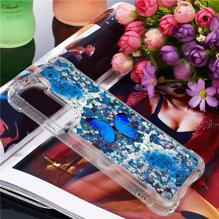 Glitter Quicksand Clear TPU Pattern Printing Protective Phone Case for Samsung Galaxy S22 5G - Blue Butterfly