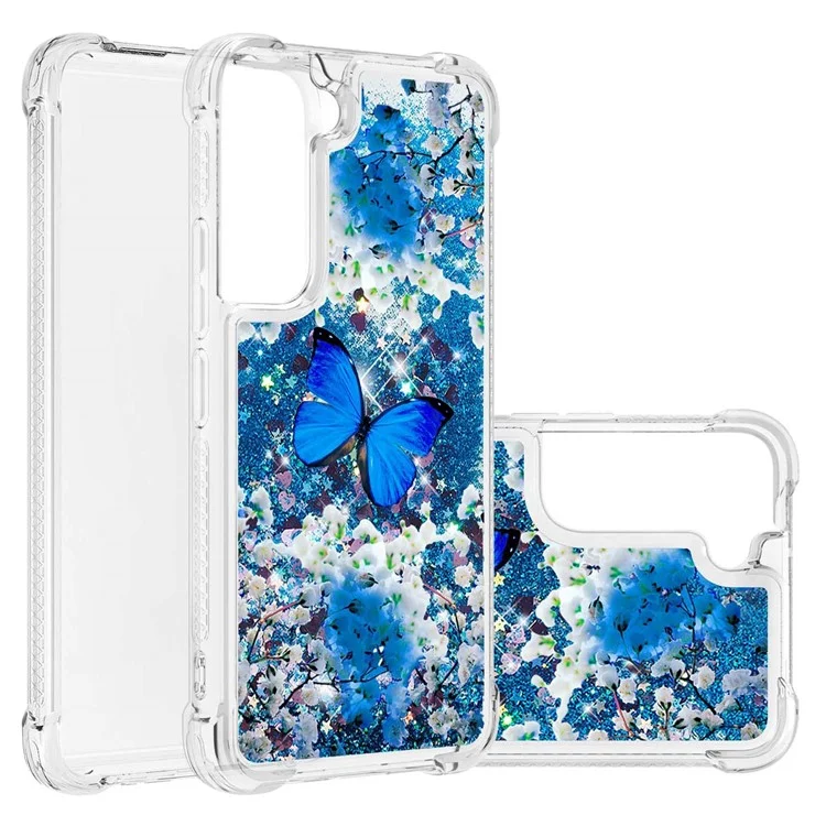 Glitter Quicksand Clear TPU Pattern Printing Protective Phone Case for Samsung Galaxy S22 5G - Blue Butterfly