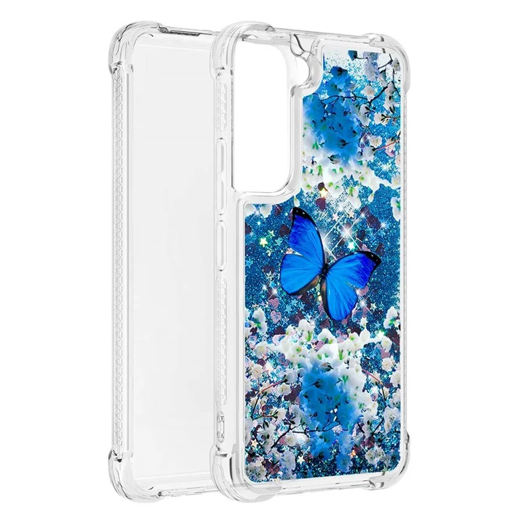 Glitter Quicksand Clear TPU Pattern Printing Protective Phone Case for Samsung Galaxy S22 5G - Blue Butterfly