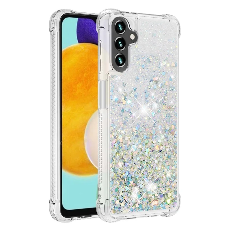 Quicksand Flowing Moving Glitter Flexible TPU Shockproof Cute Phone Case for Samsung Galaxy A13 5G / A04s 4G (164.7mm) - Silver Hearts