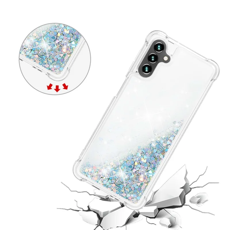 Quicksand Flowing Moving Glitter Flexible TPU Shockproof Cute Phone Case for Samsung Galaxy A13 5G / A04s 4G (164.7mm) - Silver Hearts
