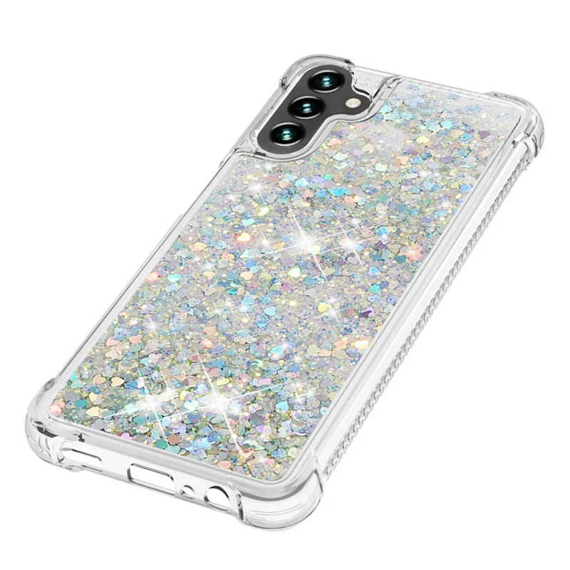 Quicksand Flowing Moving Glitter Flexible TPU Shockproof Cute Phone Case for Samsung Galaxy A13 5G / A04s 4G (164.7mm) - Silver Hearts