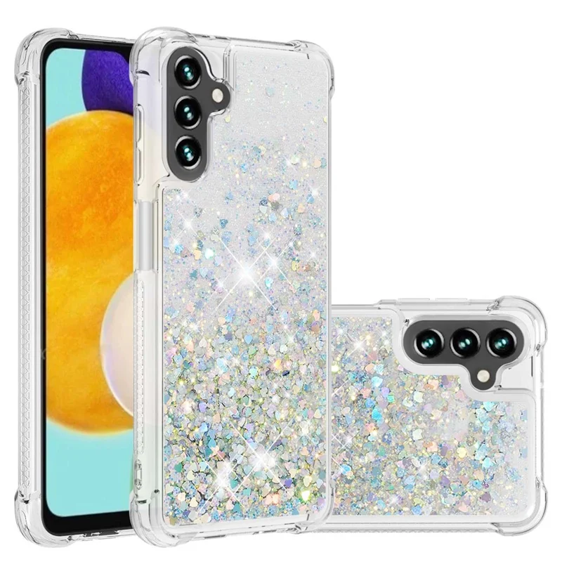 Quicksand Flowing Moving Glitter Flexible TPU Shockproof Cute Phone Case for Samsung Galaxy A13 5G / A04s 4G (164.7mm) - Silver Hearts