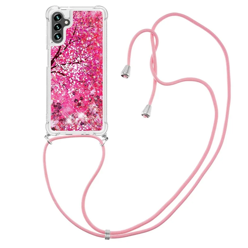 For Samsung Galaxy A13 5G / A04s 4G (164.7mm) Glitter Liquid Quicksand Case Pattern Printing Soft TPU Phone Cover with Lanyard - Cherry Blossom