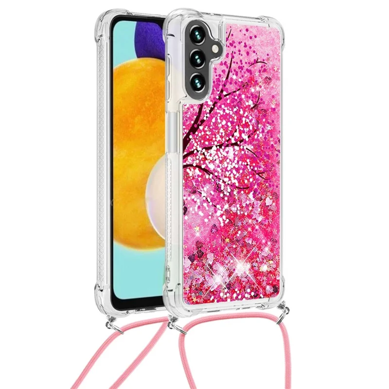For Samsung Galaxy A13 5G / A04s 4G (164.7mm) Glitter Liquid Quicksand Case Pattern Printing Soft TPU Phone Cover with Lanyard - Cherry Blossom
